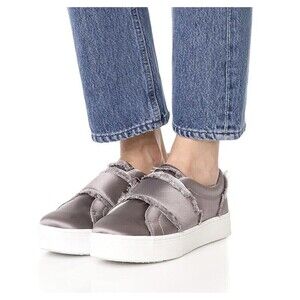 Sam Edelman Levine Sneakers Satin Metallic Silver Frayed Shoes Womens Size 8.5